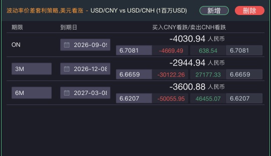 截图 20-3 波动率价差策略详情（美元）——CNY 与 CNH 隐含波动率对比
